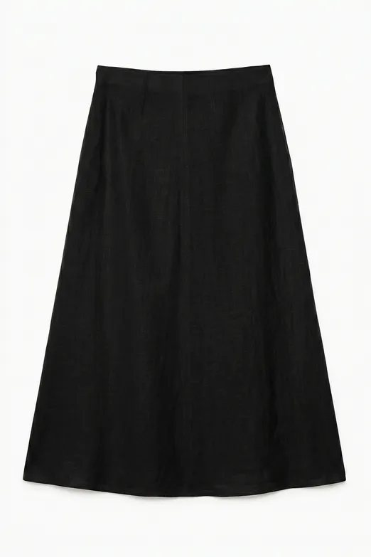 Bayan Siyah %100 Keten Volanlı Midi  Etek - BSL