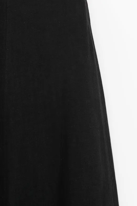 Bayan Siyah %100 Keten Volanlı Midi  Etek - BSL