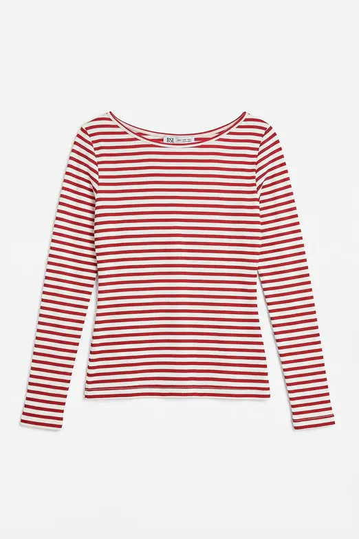 Bayan Kırmızı Çizgili Kayık Yakalı Top - BSL