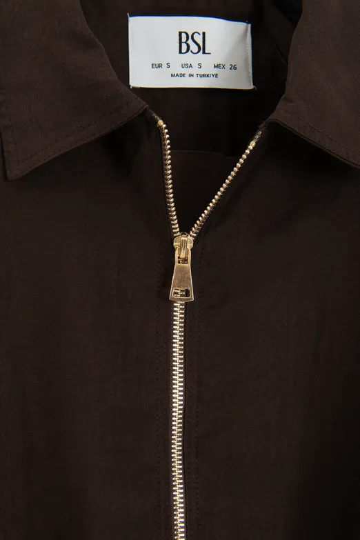 Bayan Kahverengi Tencel Metal Fermuarlı Astarlı Mont Ceket - BSL