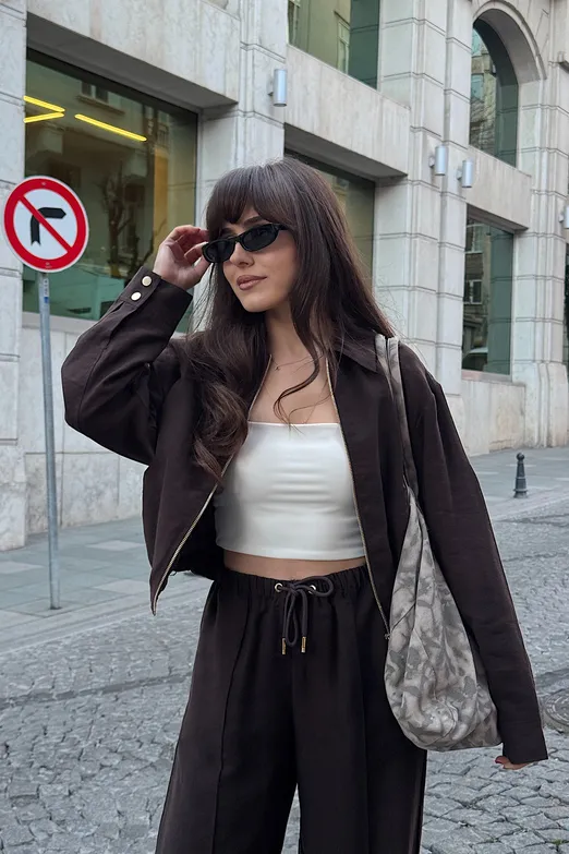 Bayan Kahverengi Tencel Metal Fermuarlı Astarlı Mont Ceket - BSL