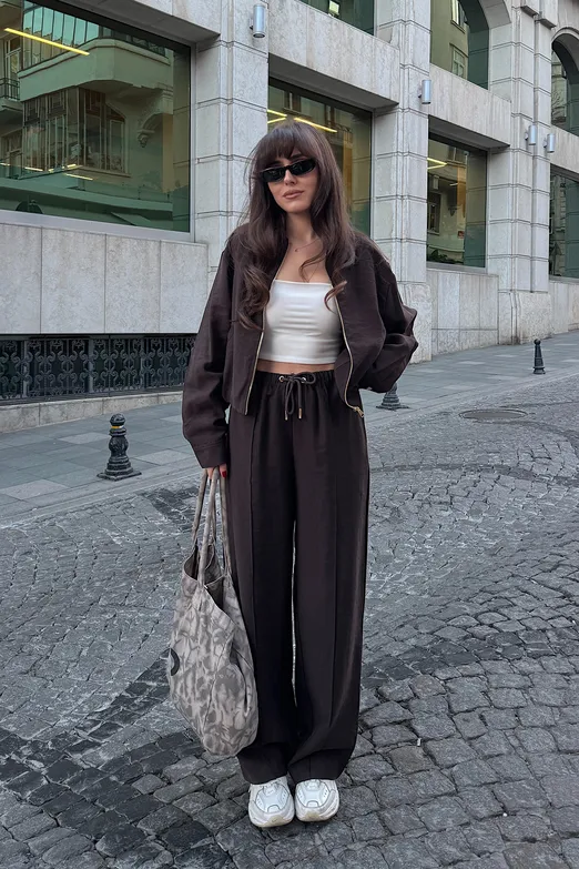 Bayan Kahverengi Tencel Bol Pantolon - BSL