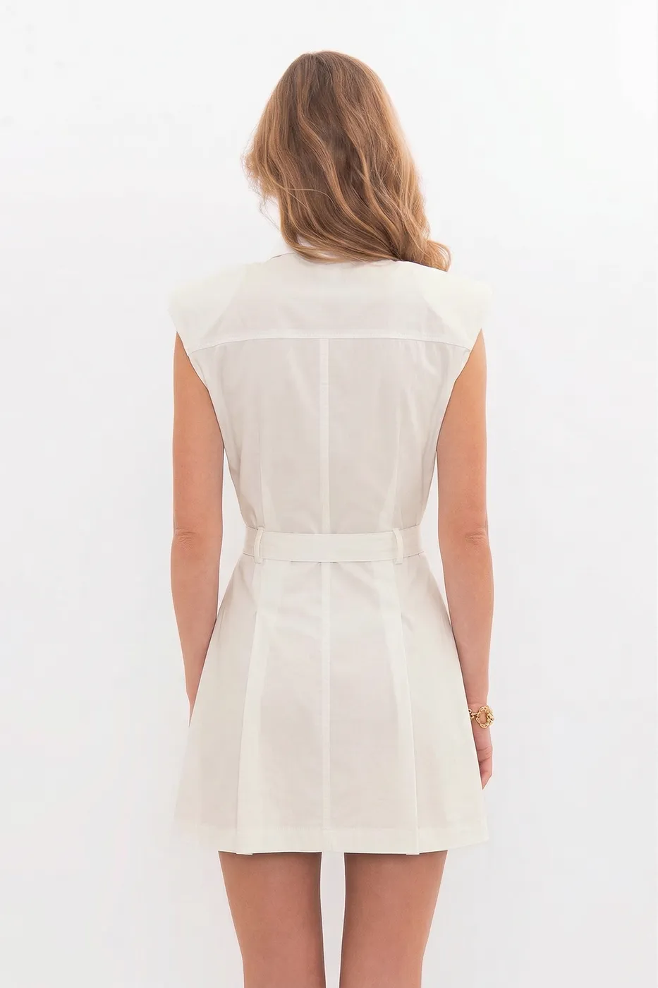 Bayan Ekru %100 Cotton Pileli Mini Gömlek Elbise