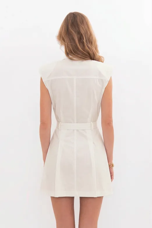 Bayan Ekru %100 Cotton Pileli Mini Gömlek Elbise - BSL