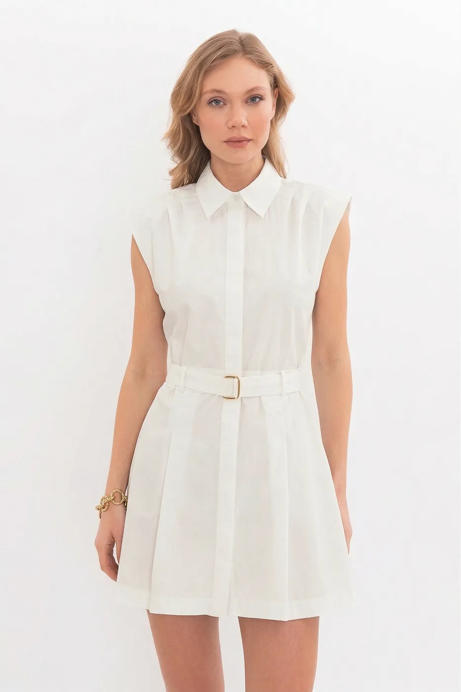 Bayan Ekru %100 Cotton Pileli Mini Gömlek Elbise