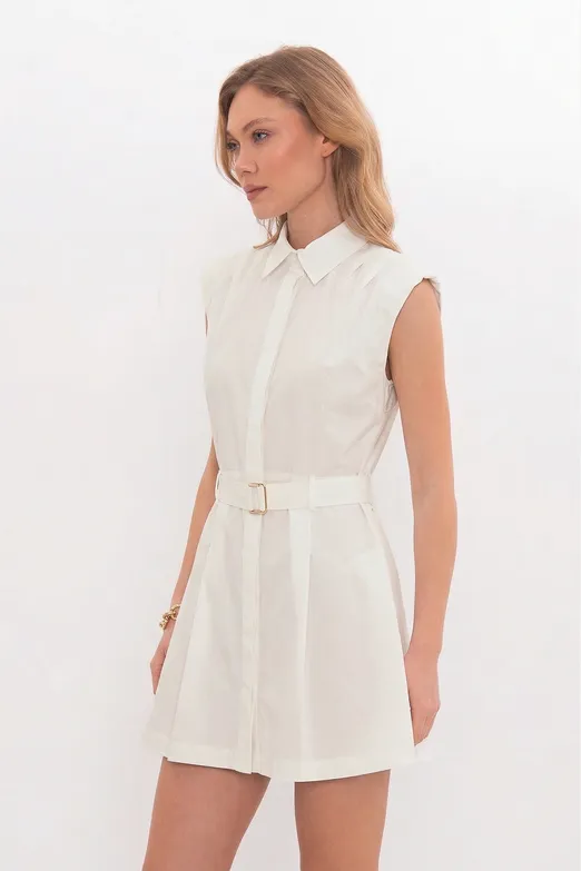 Bayan Ekru %100 Cotton Pileli Mini Gömlek Elbise - BSL