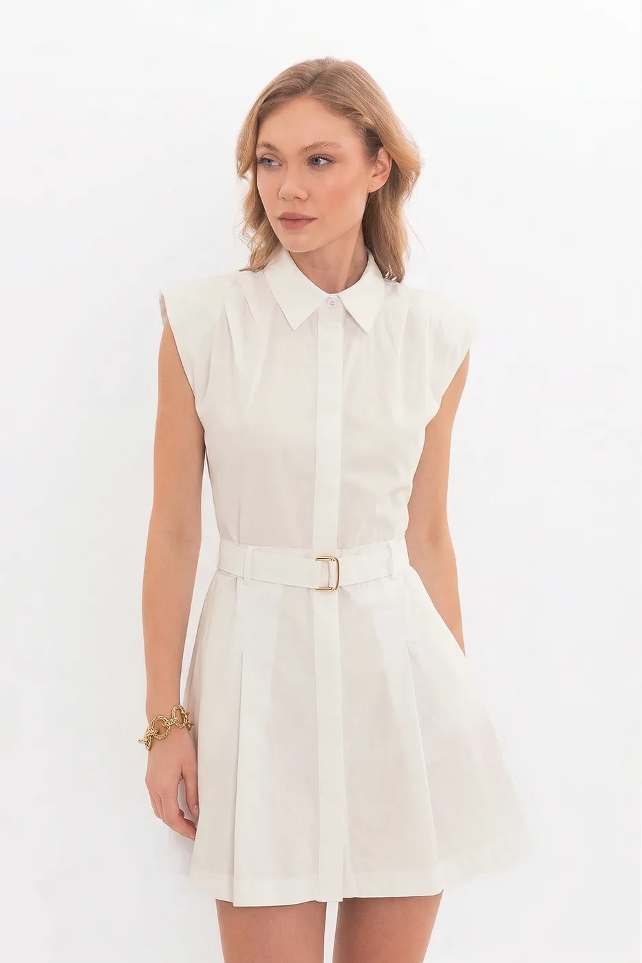 Bayan Ekru %100 Cotton Pileli Mini Gömlek Elbise