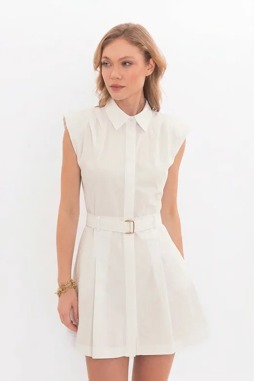 Bayan Ekru %100 Cotton Pileli Mini Gömlek Elbise - BSL