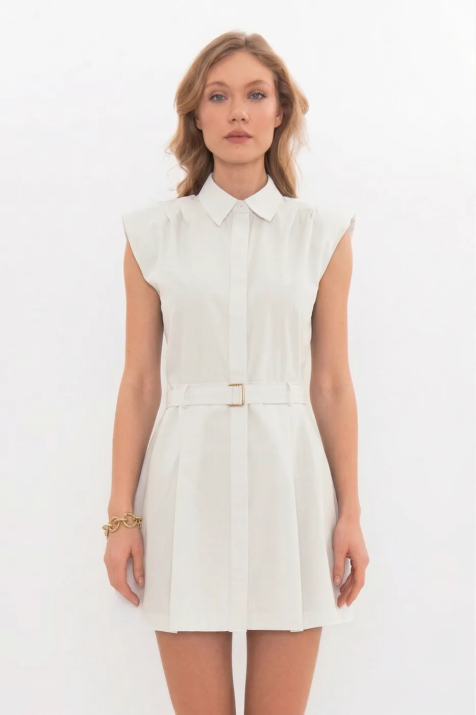 Bayan Ekru %100 Cotton Pileli Mini Gömlek Elbise