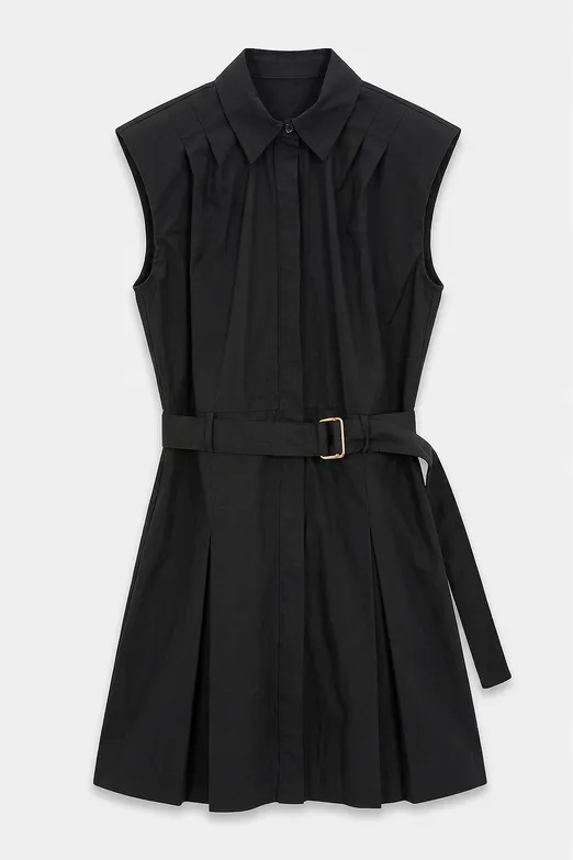 Bayan Siyah %100 Cotton Pileli Mini Gömlek Elbise - BSL