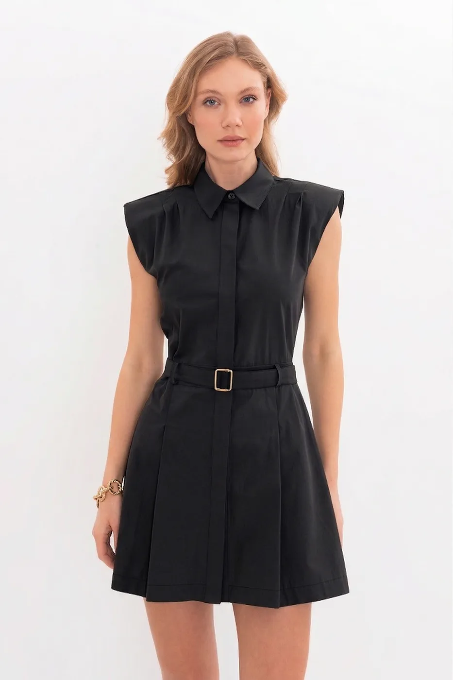 Bayan Siyah %100 Cotton Pileli Mini Gömlek Elbise