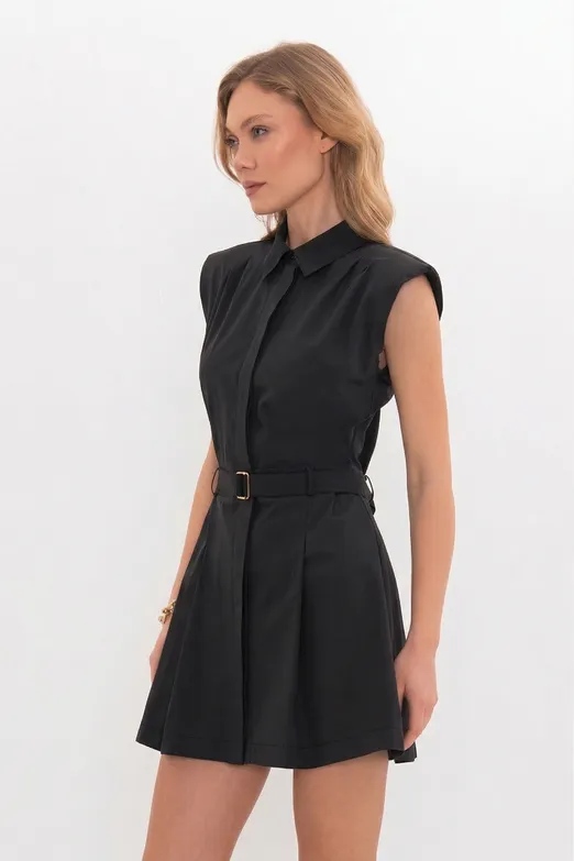 Bayan Siyah %100 Cotton Pileli Mini Gömlek Elbise - BSL