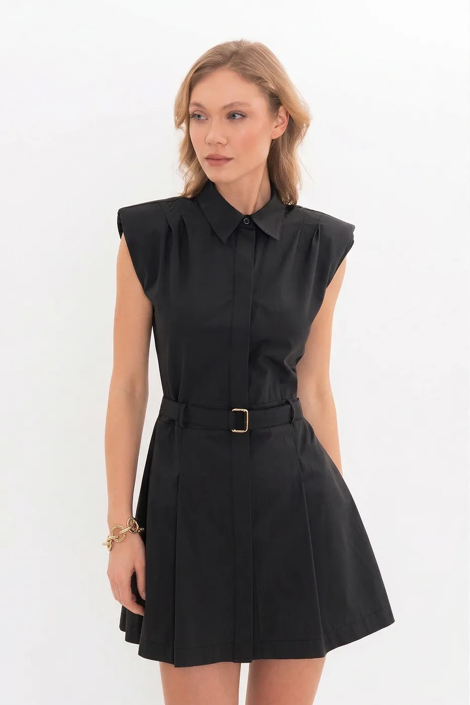 Bayan Siyah %100 Cotton Pileli Mini Gömlek Elbise