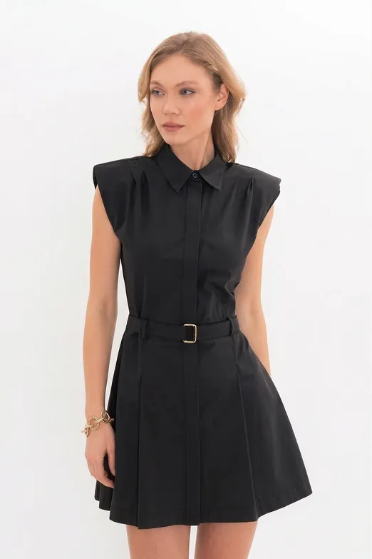 Bayan Siyah %100 Cotton Pileli Mini Gömlek Elbise - BSL