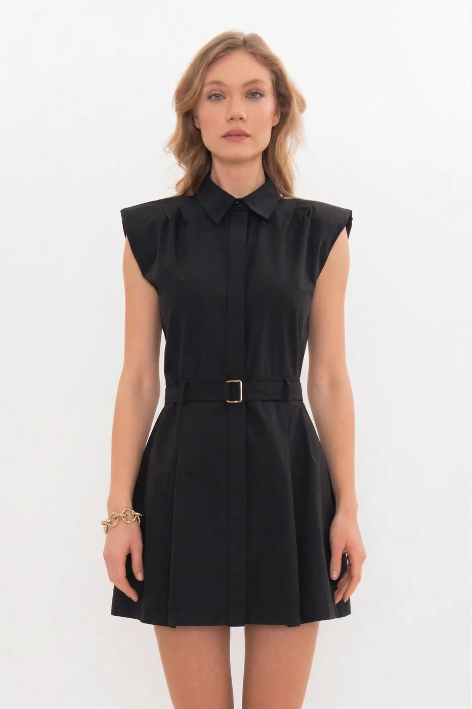 Bayan Siyah %100 Cotton Pileli Mini Gömlek Elbise