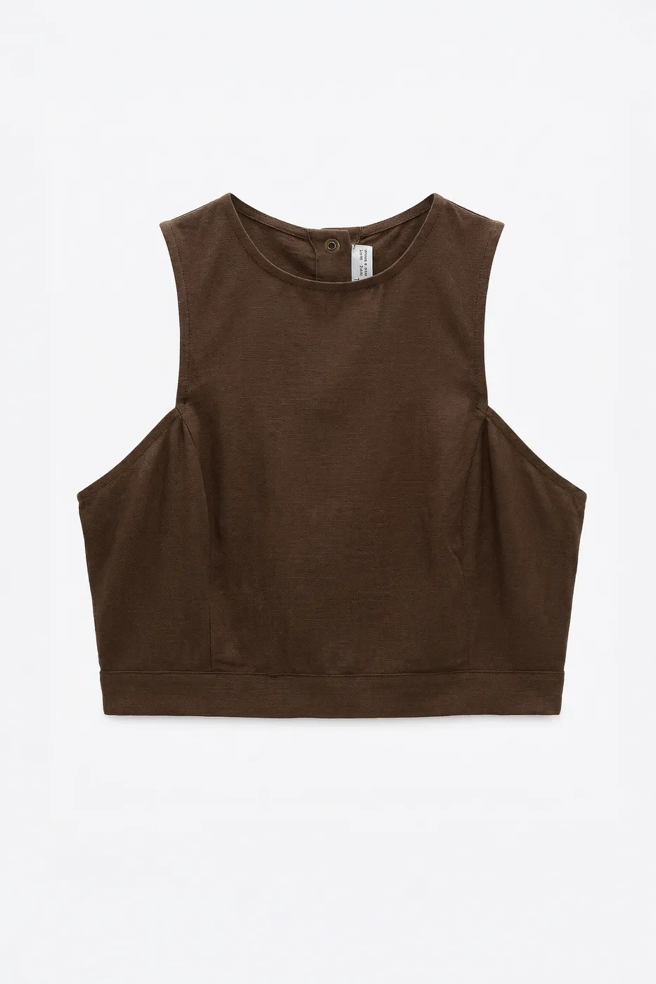 Bayan Kahverengi Keten Çıtçıt Kapama Crop Bluz