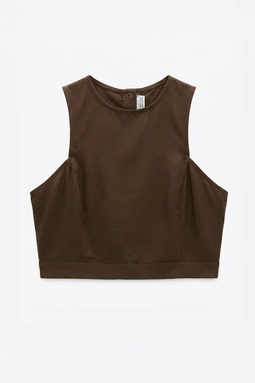 Bayan Kahverengi Keten Çıtçıt Kapama Crop Bluz - BSL