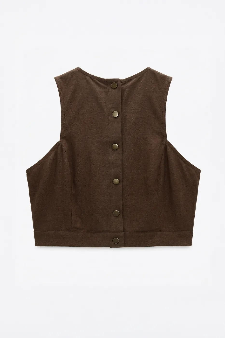 Bayan Kahverengi Keten Çıtçıt Kapama Crop Bluz