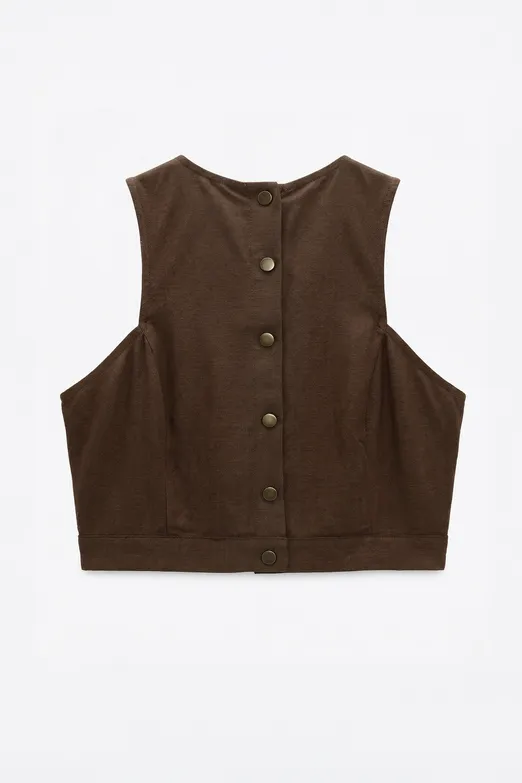 Bayan Kahverengi Keten Çıtçıt Kapama Crop Bluz - BSL