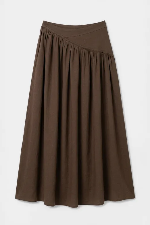 Bayan Kahverengi Keten Korsajlı Büzgülü Midi Etek - BSL