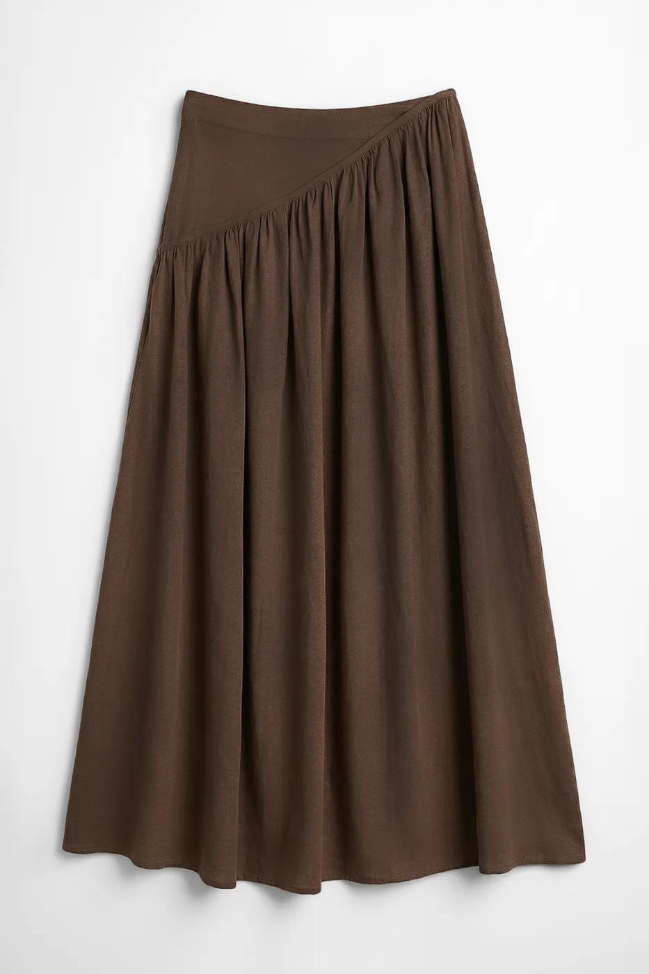 Bayan Kahverengi Keten Korsajlı Büzgülü Midi Etek