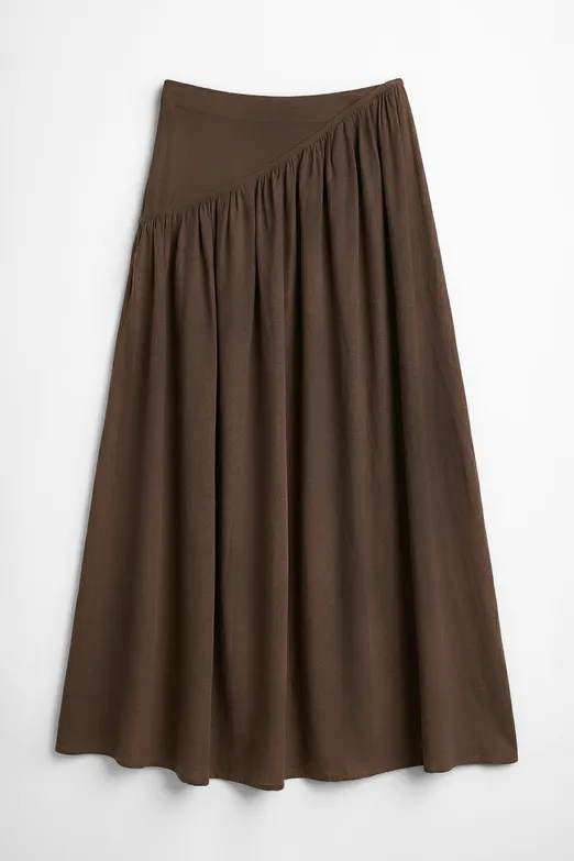 Bayan Kahverengi Keten Korsajlı Büzgülü Midi Etek - BSL