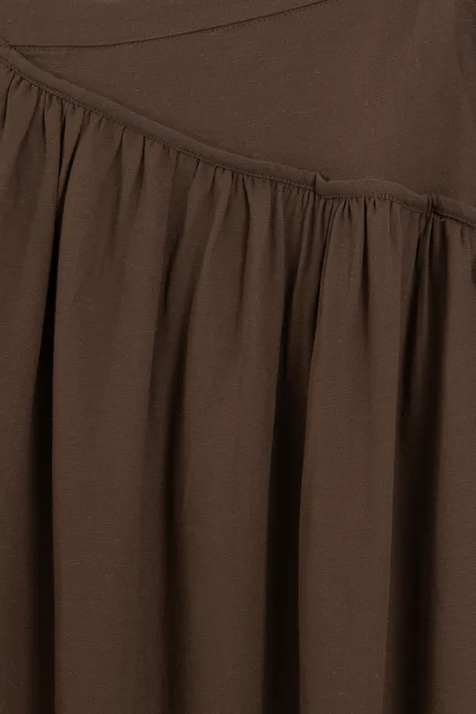 Bayan Kahverengi Keten Korsajlı Büzgülü Midi Etek - BSL