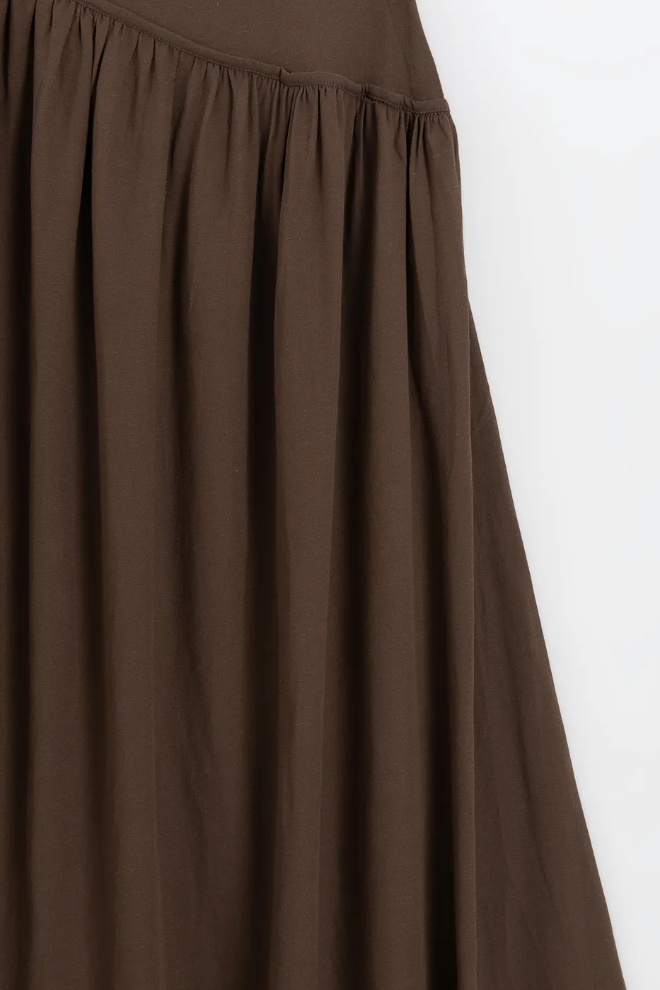 Bayan Kahverengi Keten Korsajlı Büzgülü Midi Etek
