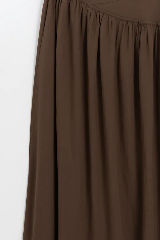 Bayan Kahverengi Keten Korsajlı Büzgülü Midi Etek - BSL