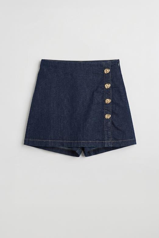 Düğme Detaylı Mini Denim Şort Etek