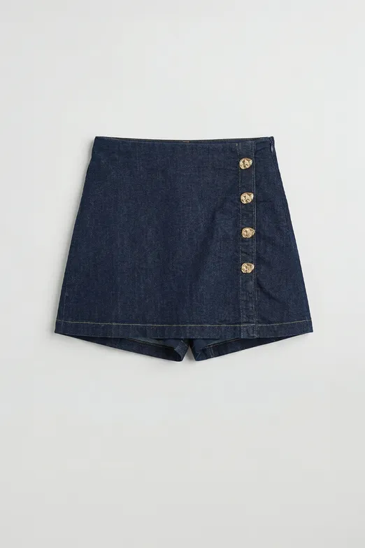 Bayan Mavi Düğme Detaylı Mini Denim Şort Etek - BSL