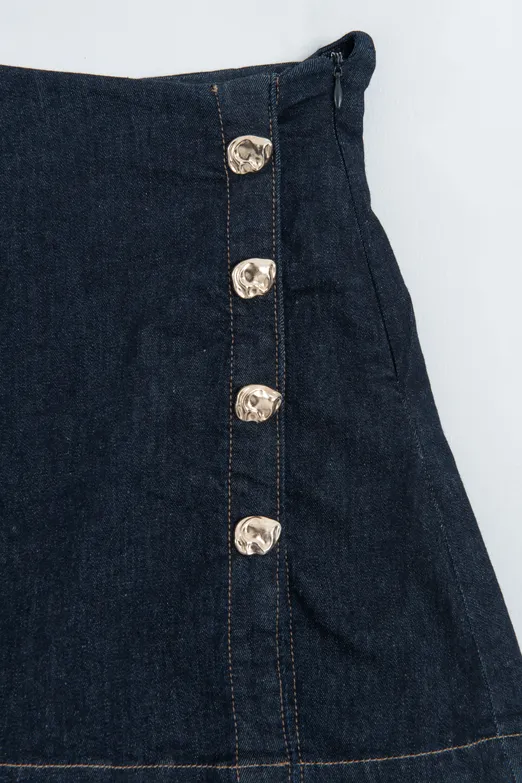 Bayan Mavi Düğme Detaylı Mini Denim Şort Etek - BSL