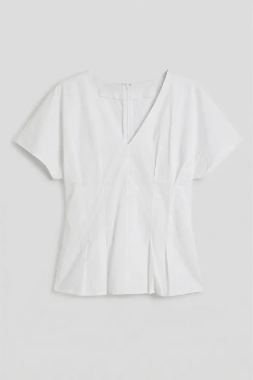 Bayan Beyaz V Yakalı Pileli Poplin Bluz - BSL