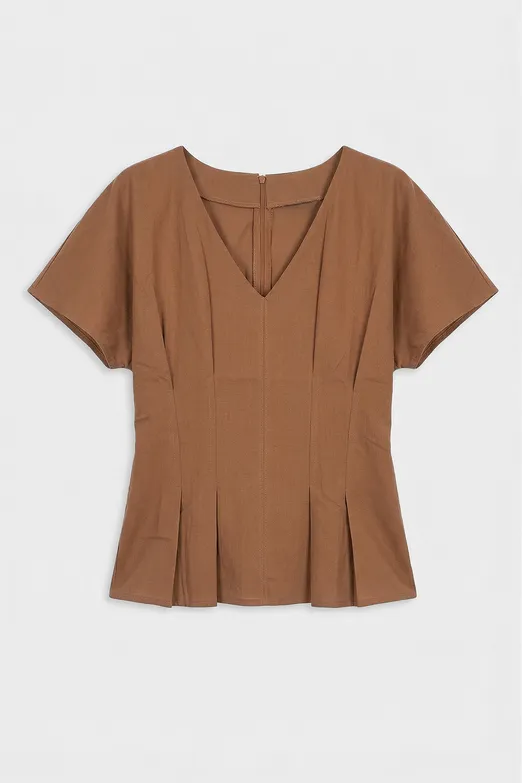 Bayan Tarçın V Yakalı Pileli Poplin Bluz - BSL