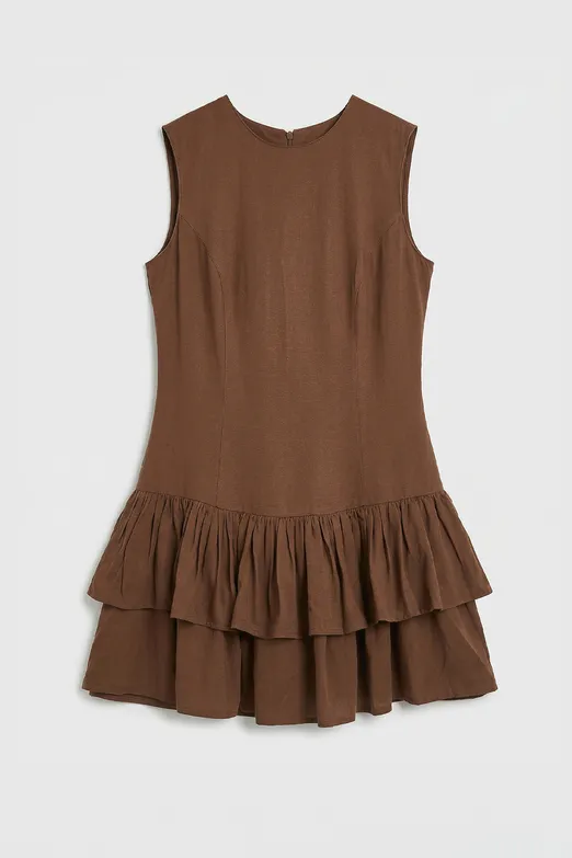 Bayan Kahverengi Keten Fırfırlı Mini Elbise - BSL
