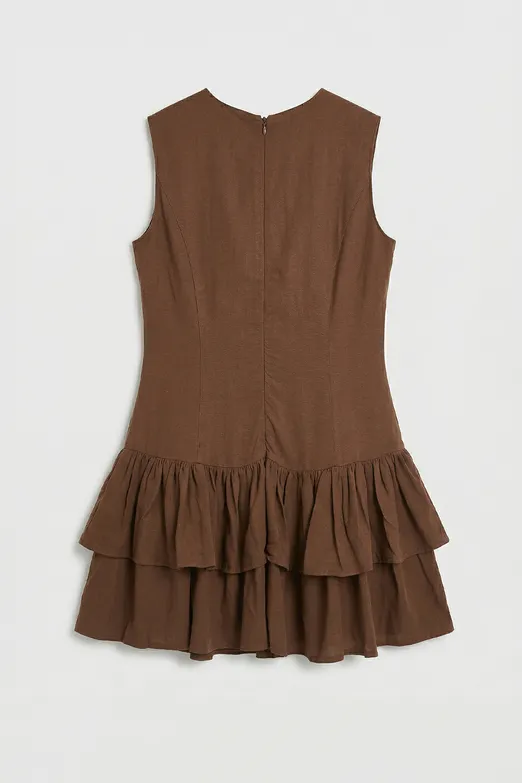 Bayan Kahverengi Keten Fırfırlı Mini Elbise - BSL