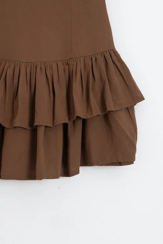 Bayan Kahverengi Keten Fırfırlı Mini Elbise - BSL