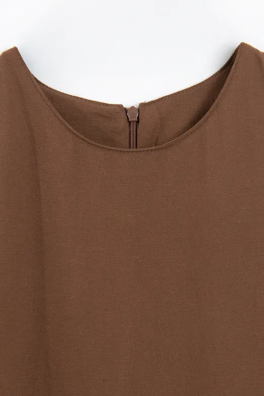 Bayan Kahverengi Keten Fırfırlı Mini Elbise - BSL