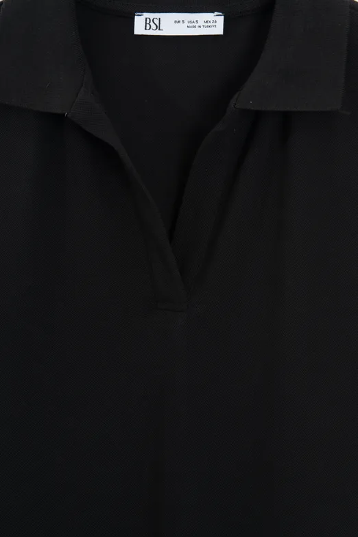 Bayan Siyah Polo Yakalı Pike Tshirt - BSL