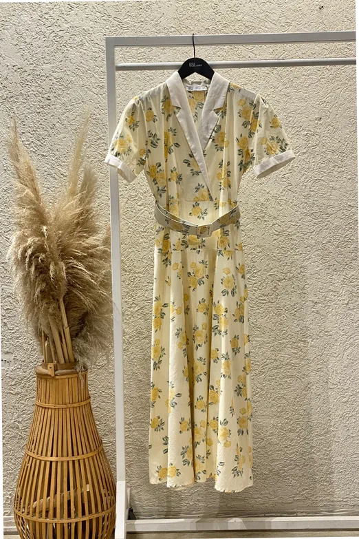 Bayan Sarı Ceket Yakalı Kemerli Poplin Elbise - BSL