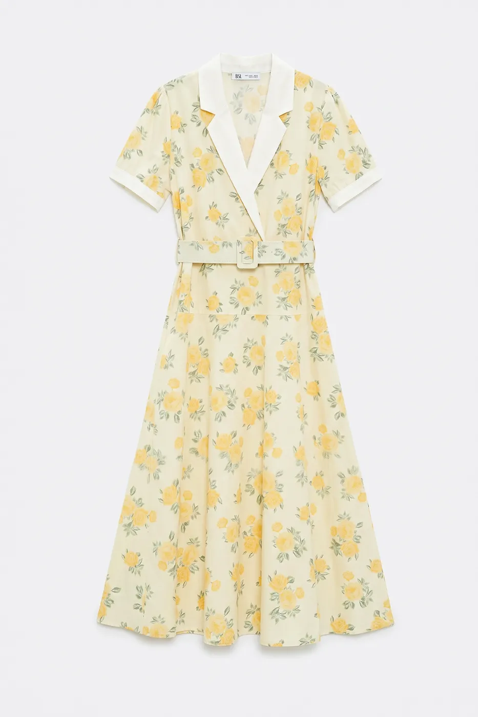 Bayan Sarı Ceket Yakalı Kemerli Poplin Elbise