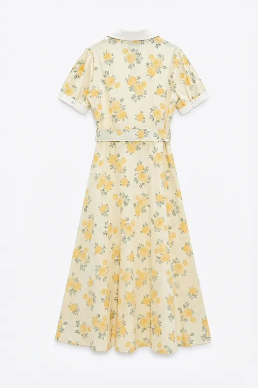 Bayan Sarı Ceket Yakalı Kemerli Poplin Elbise - BSL