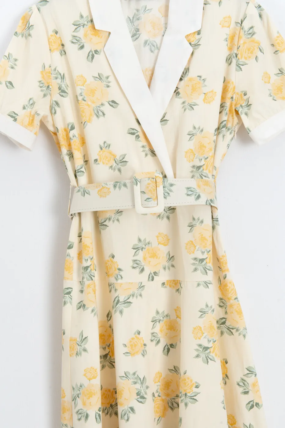 Bayan Sarı Ceket Yakalı Kemerli Poplin Elbise