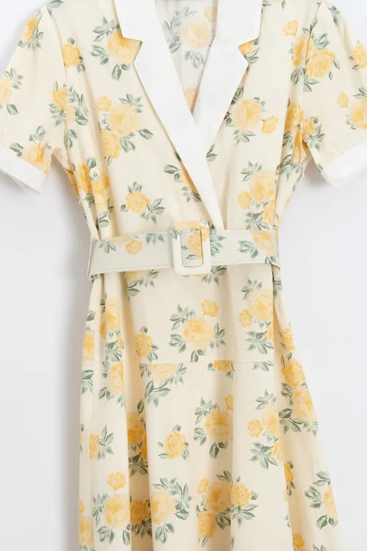 Bayan Sarı Ceket Yakalı Kemerli Poplin Elbise - BSL