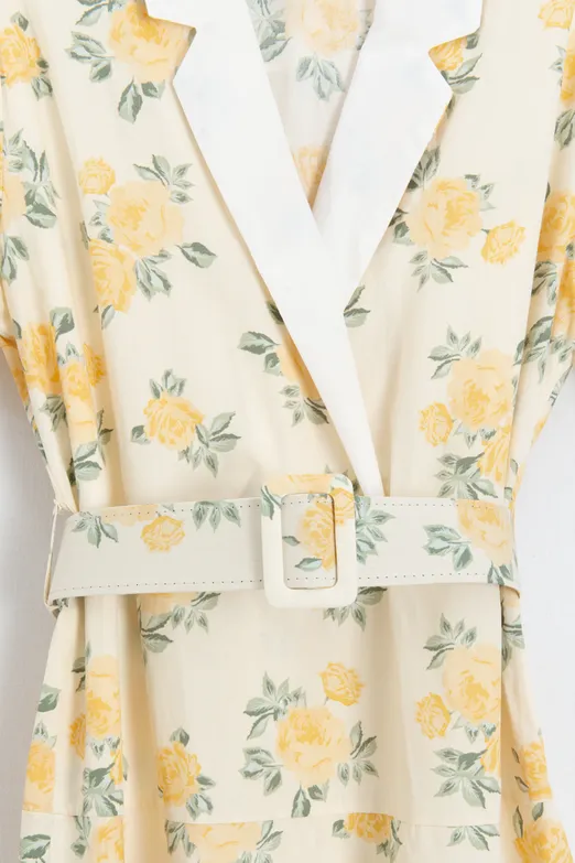 Bayan Sarı Ceket Yakalı Kemerli Poplin Elbise - BSL