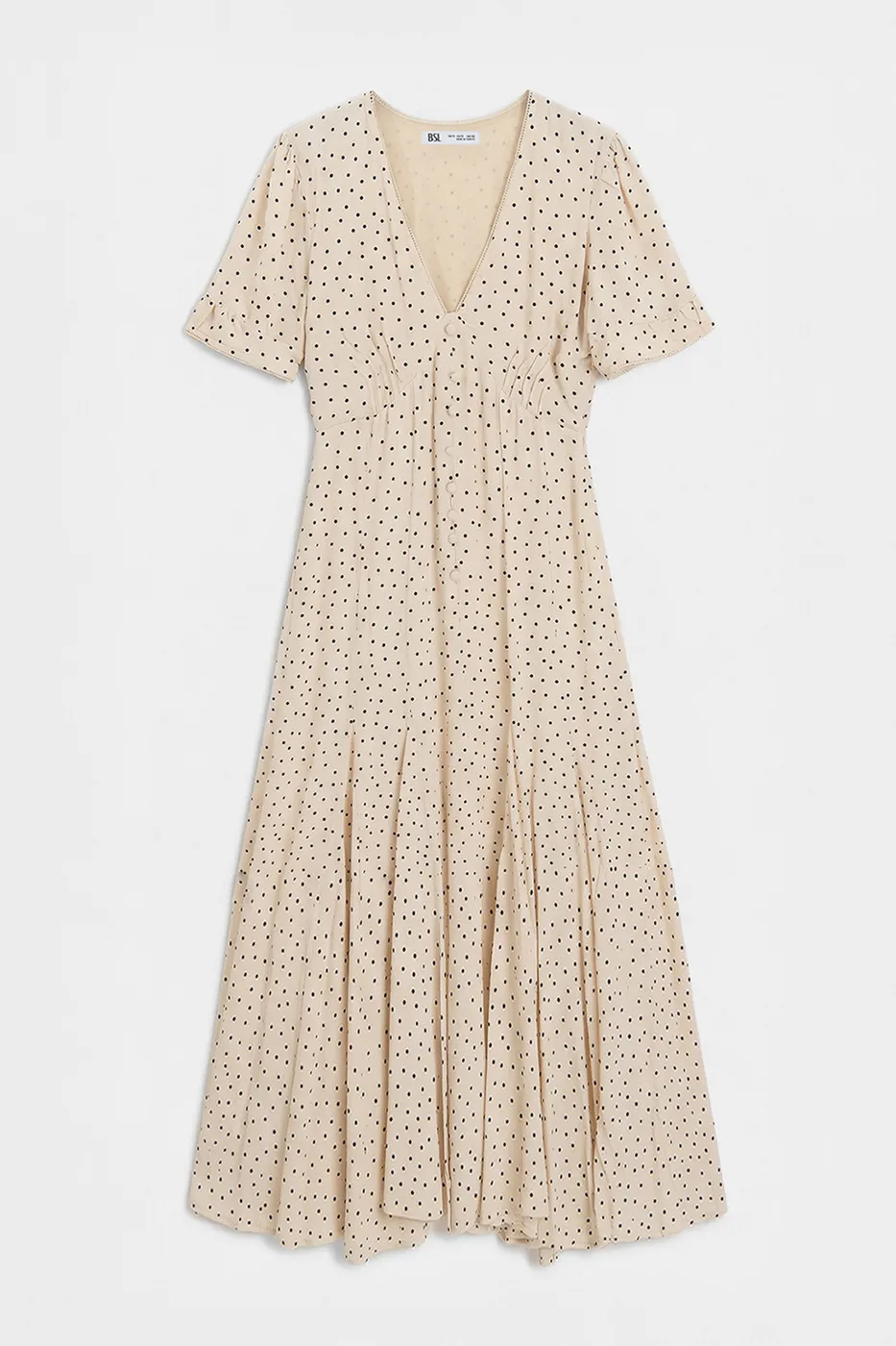 Bayan Ekru Puantiyeli Volanlı Midi Elbise