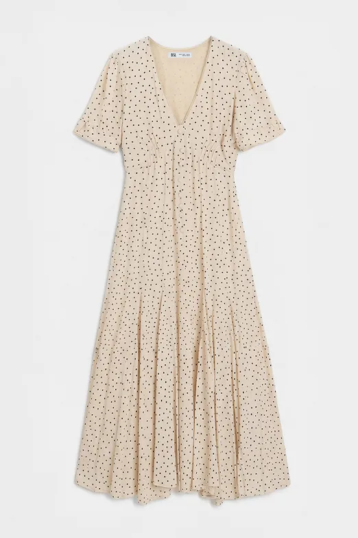 Bayan Ekru Puantiyeli Volanlı Midi Elbise - BSL