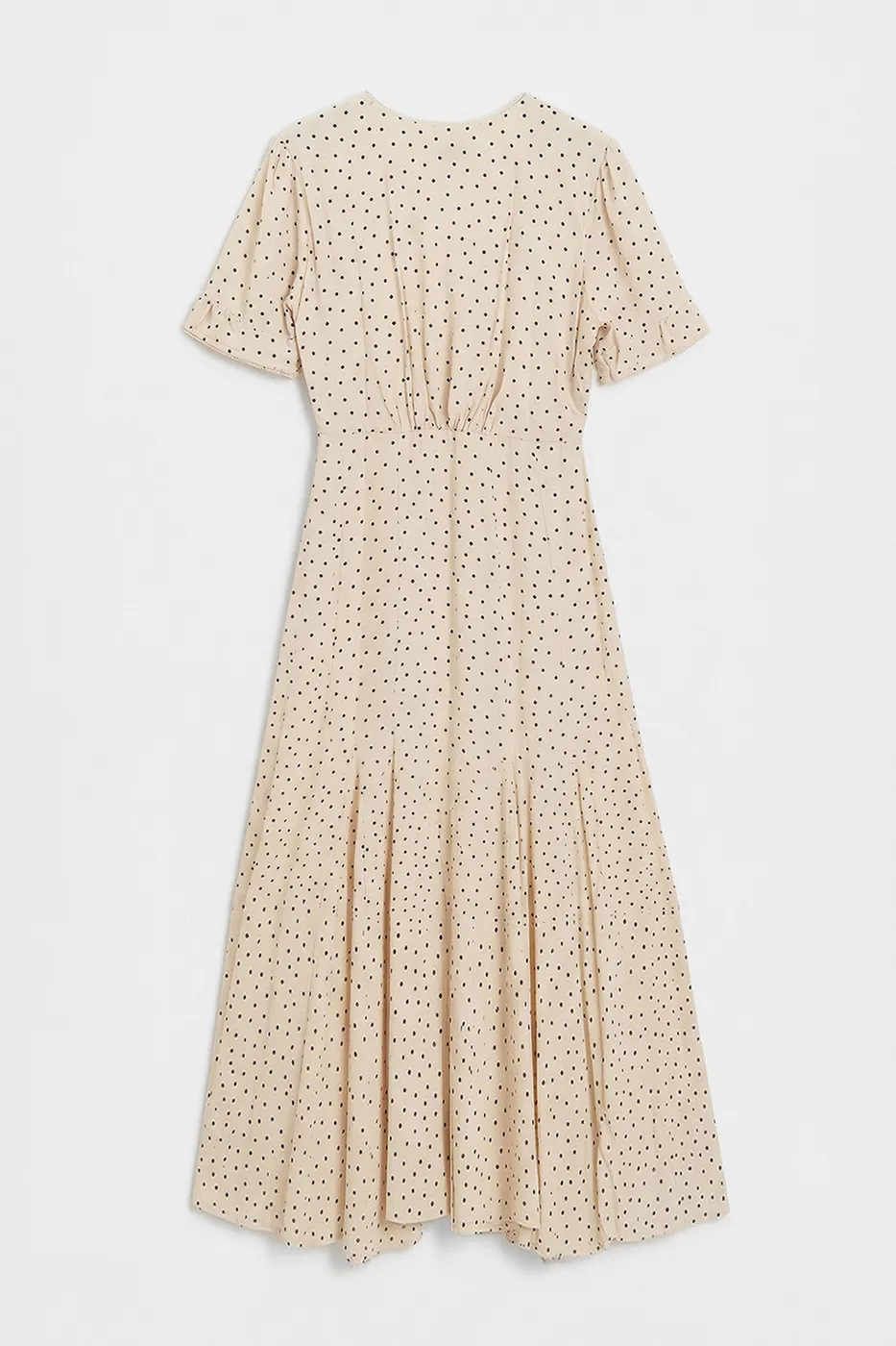 Bayan Ekru Puantiyeli Volanlı Midi Elbise
