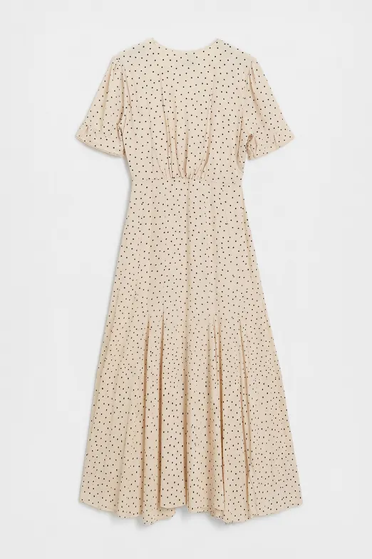 Bayan Ekru Puantiyeli Volanlı Midi Elbise - BSL