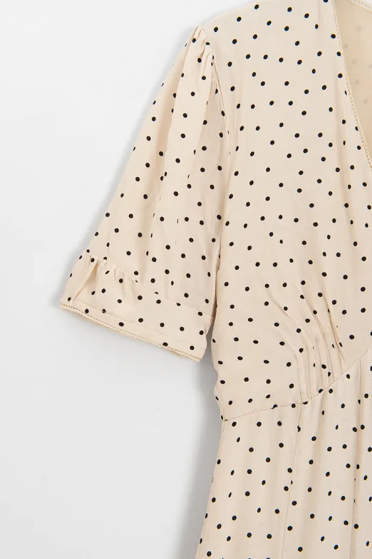 Bayan Ekru Puantiyeli Volanlı Midi Elbise - BSL